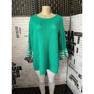 Jessica London 14/16 Green Open Knit Crew Neck 3/4 Striped Bell Sleeve Sweater